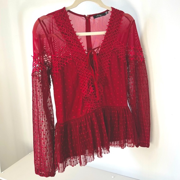 BKE Tops - 🩷BKE BOUTIQUE SHIRT RED LONG SLEEVE MESH PLEATED TULLE LACE UP SIZE SMALL